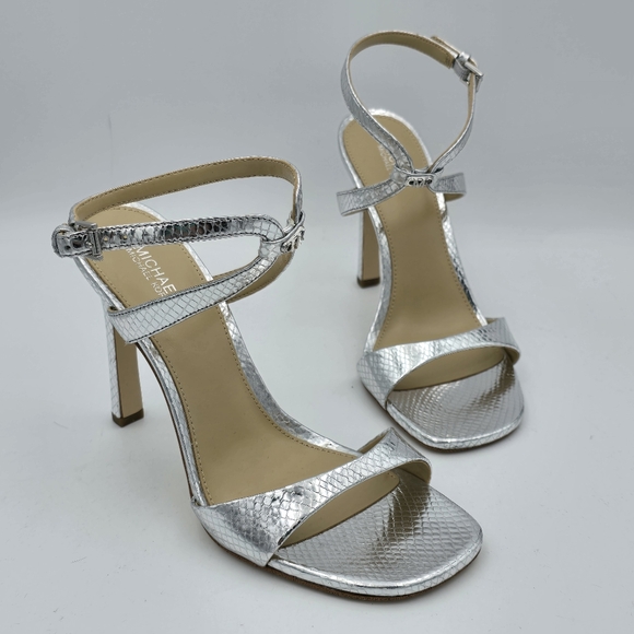 MICHAEL Michael Kors Amara High Heel Ankle Strap Sandals, Silver Snake Embossed - Picture 1 of 16
